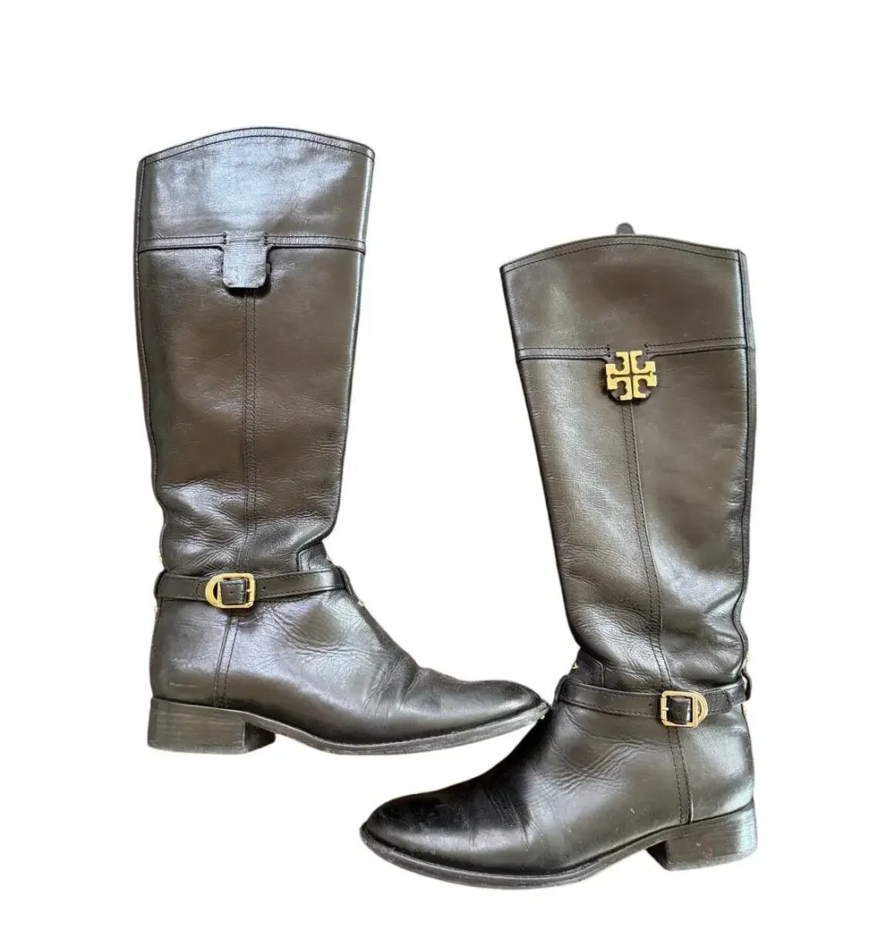 TORY BURCH Eloise Women's Boot US 8 Black Leather Zip Tall Riding Boots FLAW